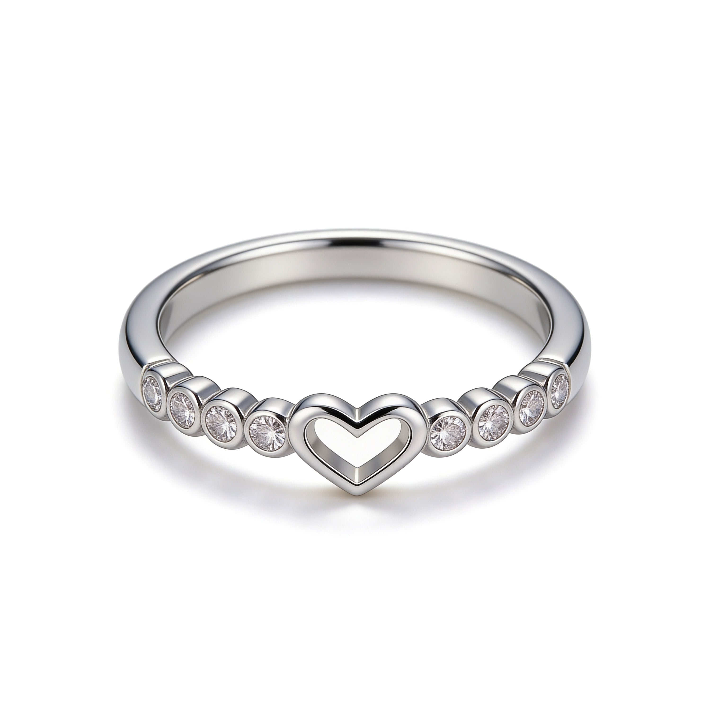 Silver plated adjustable open heart ring with cubic zirconia stones.