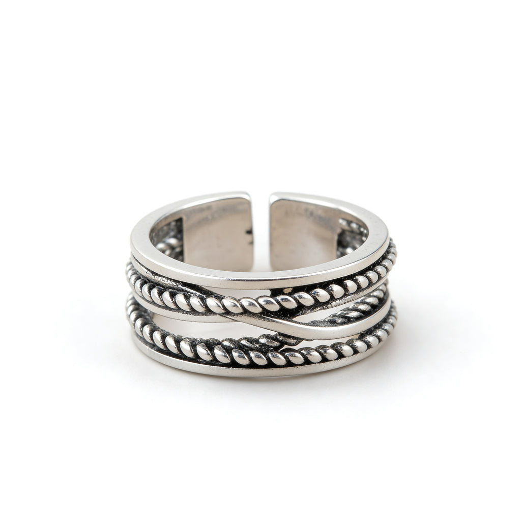 Silver plated adjustable braided rope ring with twisted layered band design.
