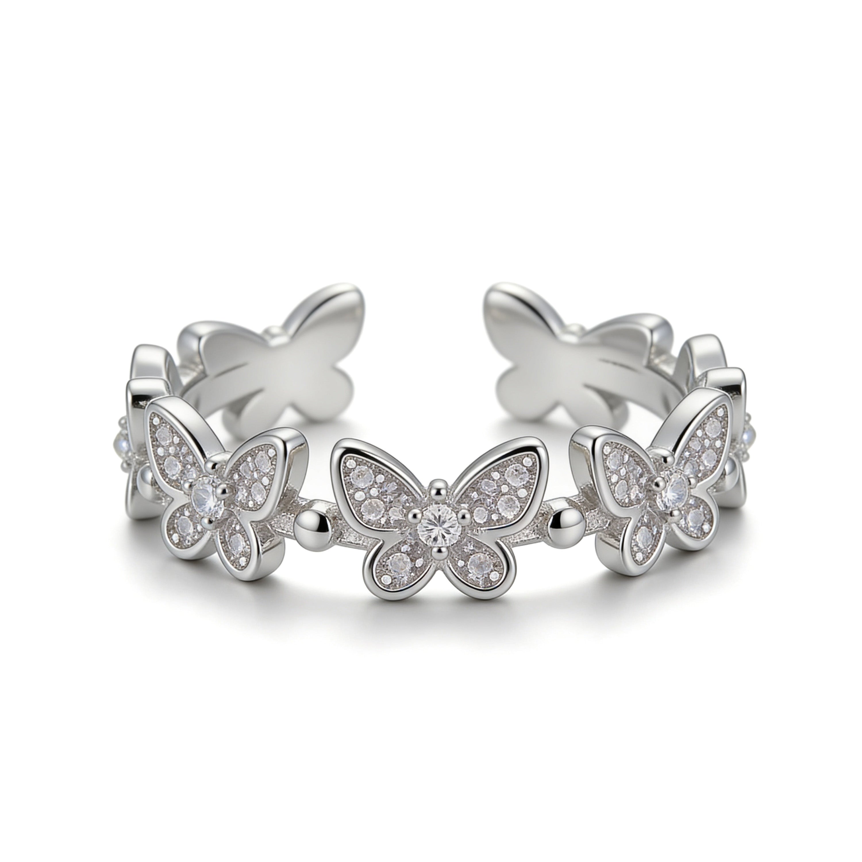 Silver plated adjustable butterfly ring with cubic zirconia stones.