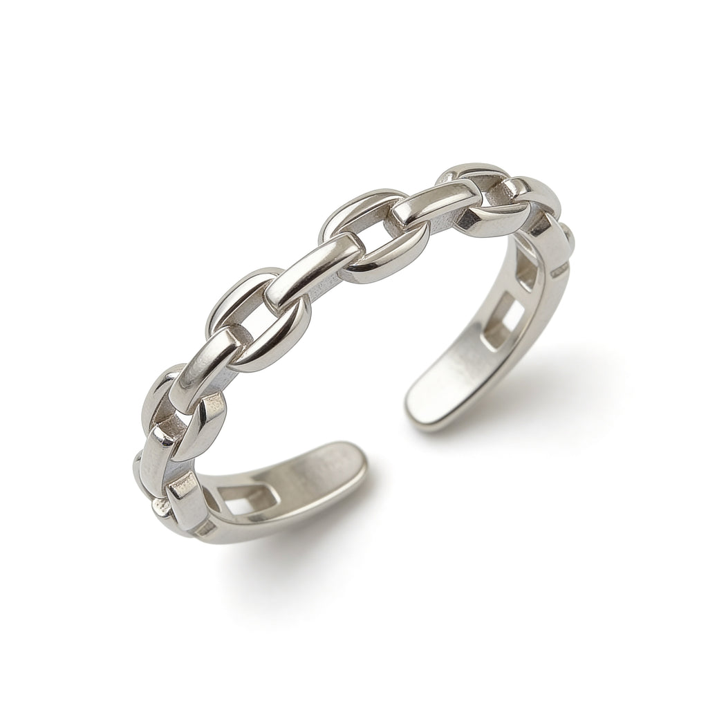 Silver chain-link ring on a white background