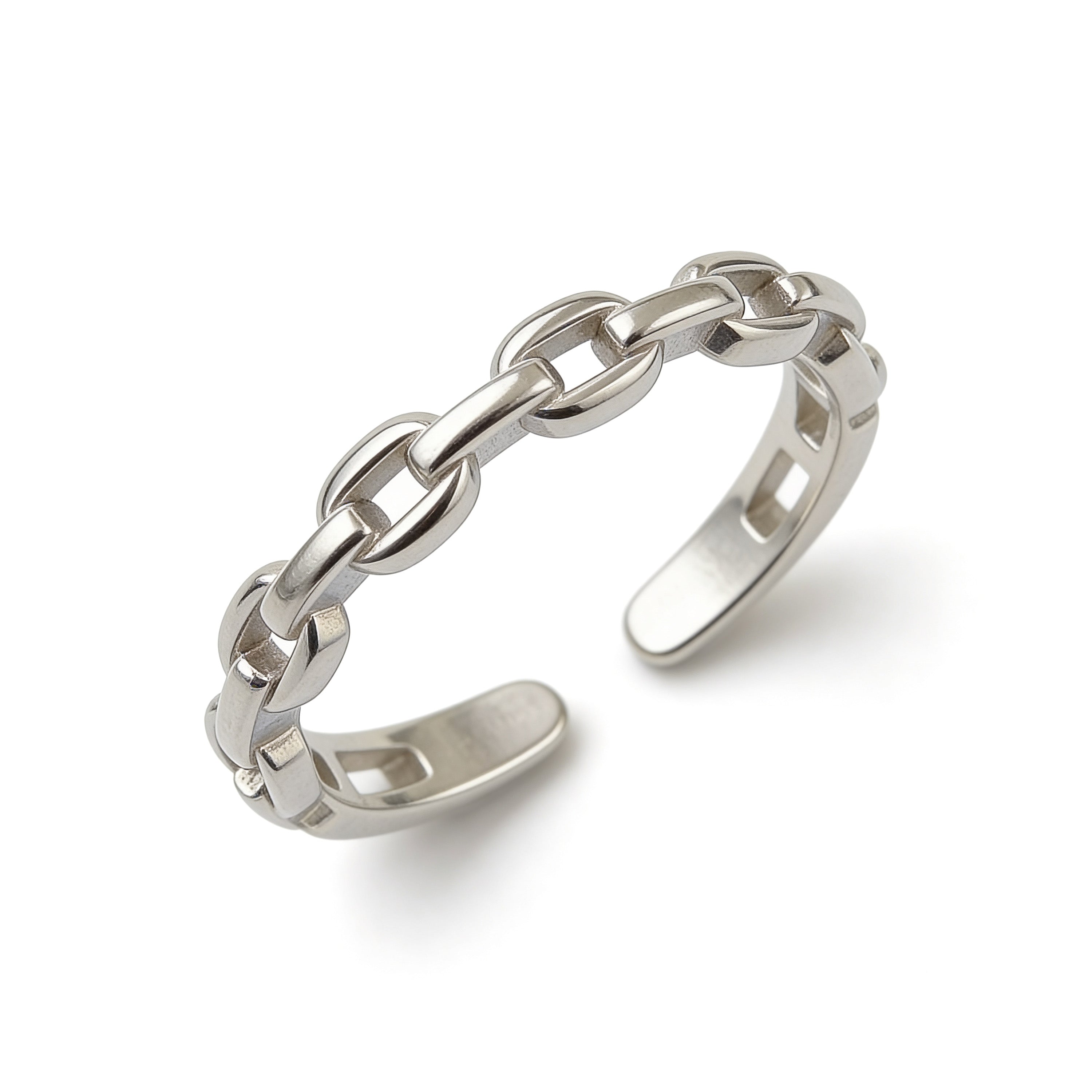Silver chain-link ring on a white background