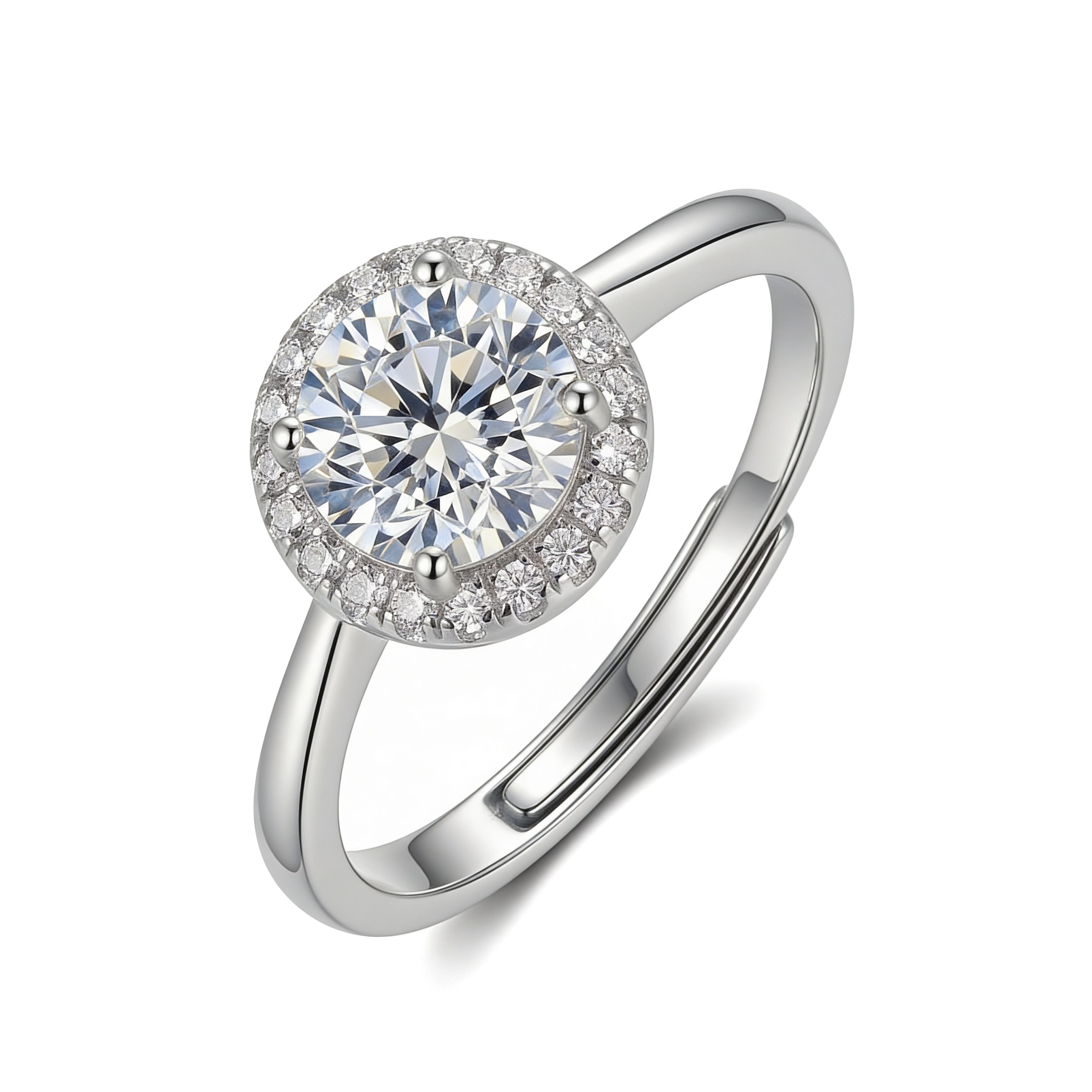 Silver plated adjustable halo ring with round cubic zirconia center stone.