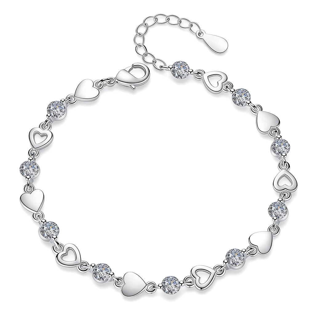 Silver bracelet with heart-shaped links and clear crystals on a white background