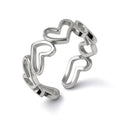 Silver plated adjustable open heart link ring with connected heart design.