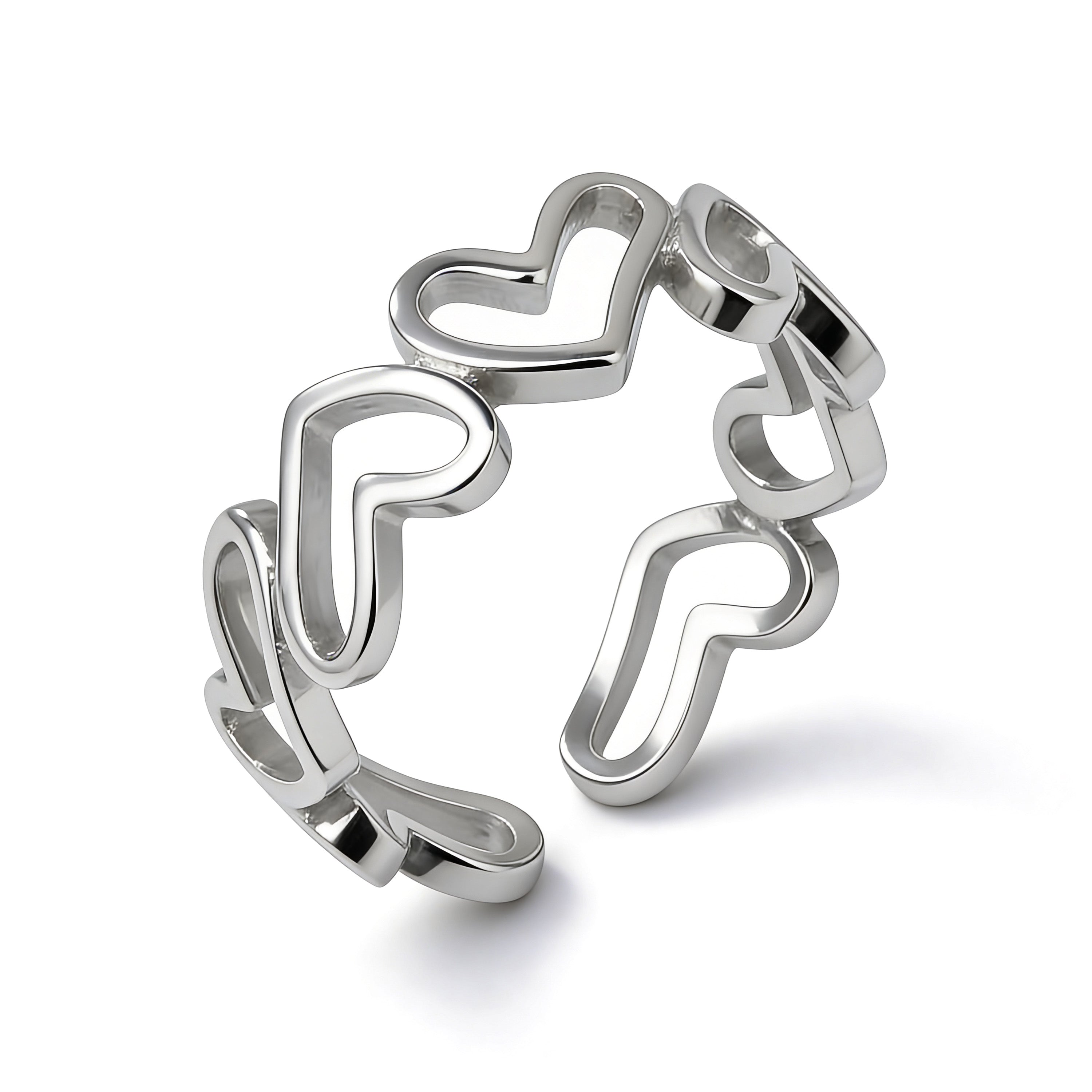 Silver plated adjustable open heart link ring with connected heart design.