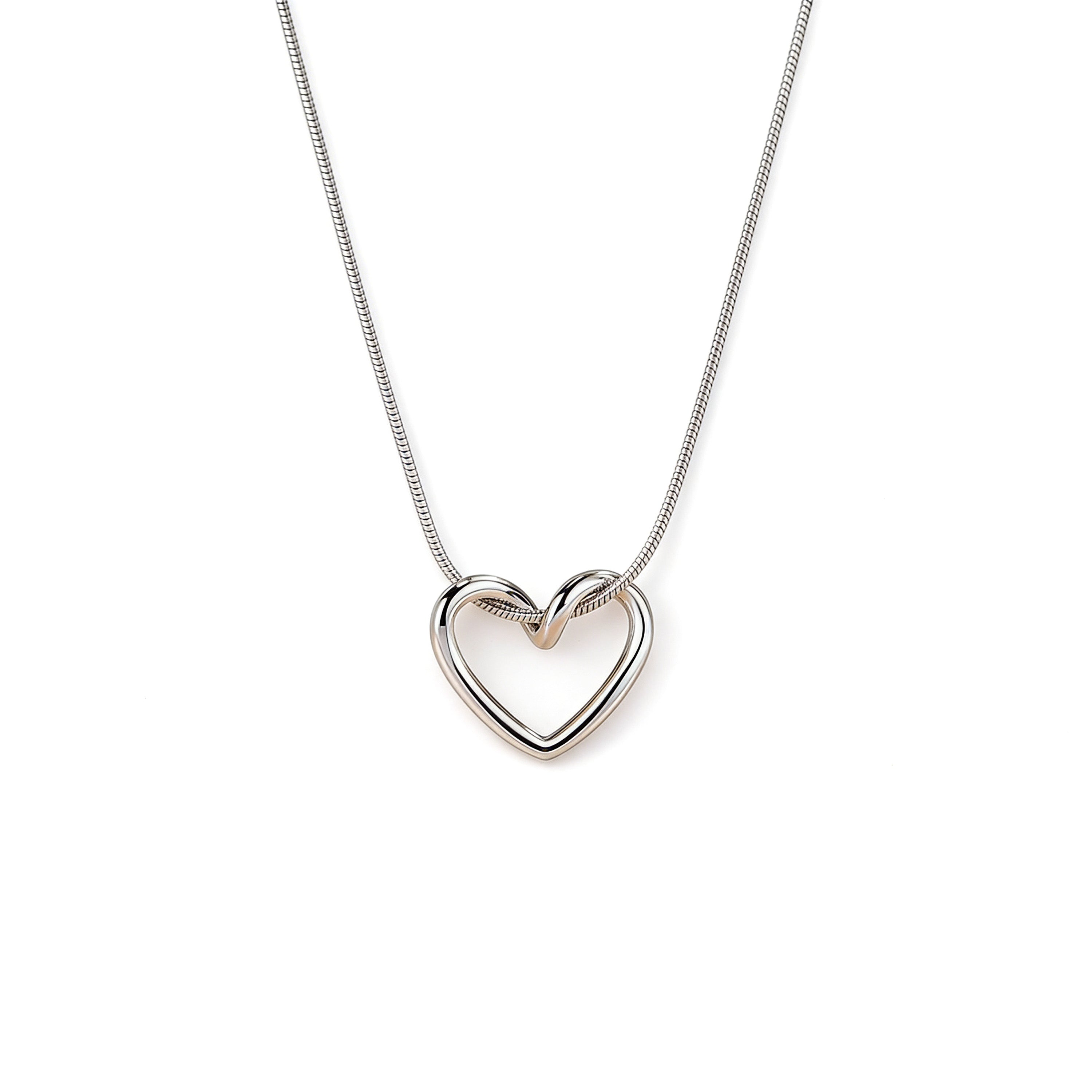 Silver plated hollow heart pendant necklace on snake chain.