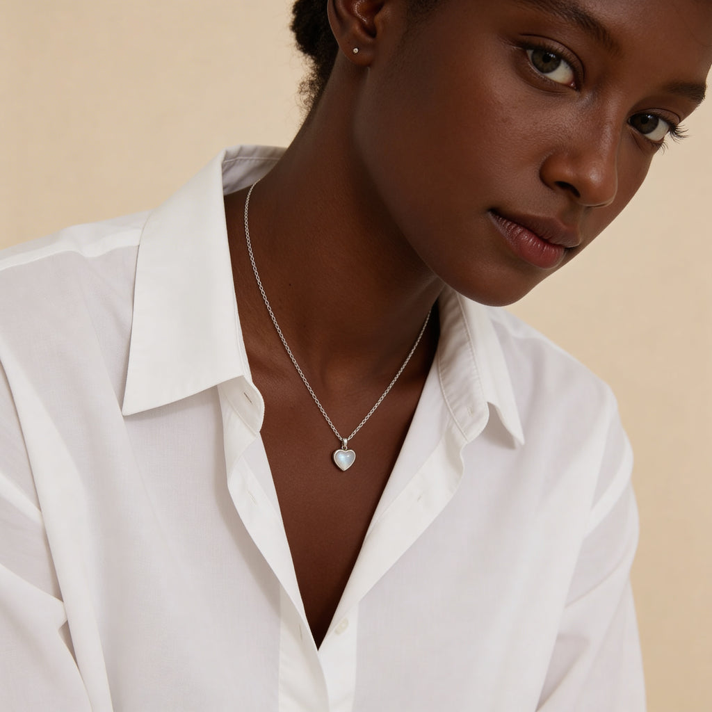 Dainty white heart pendant necklace close-up.