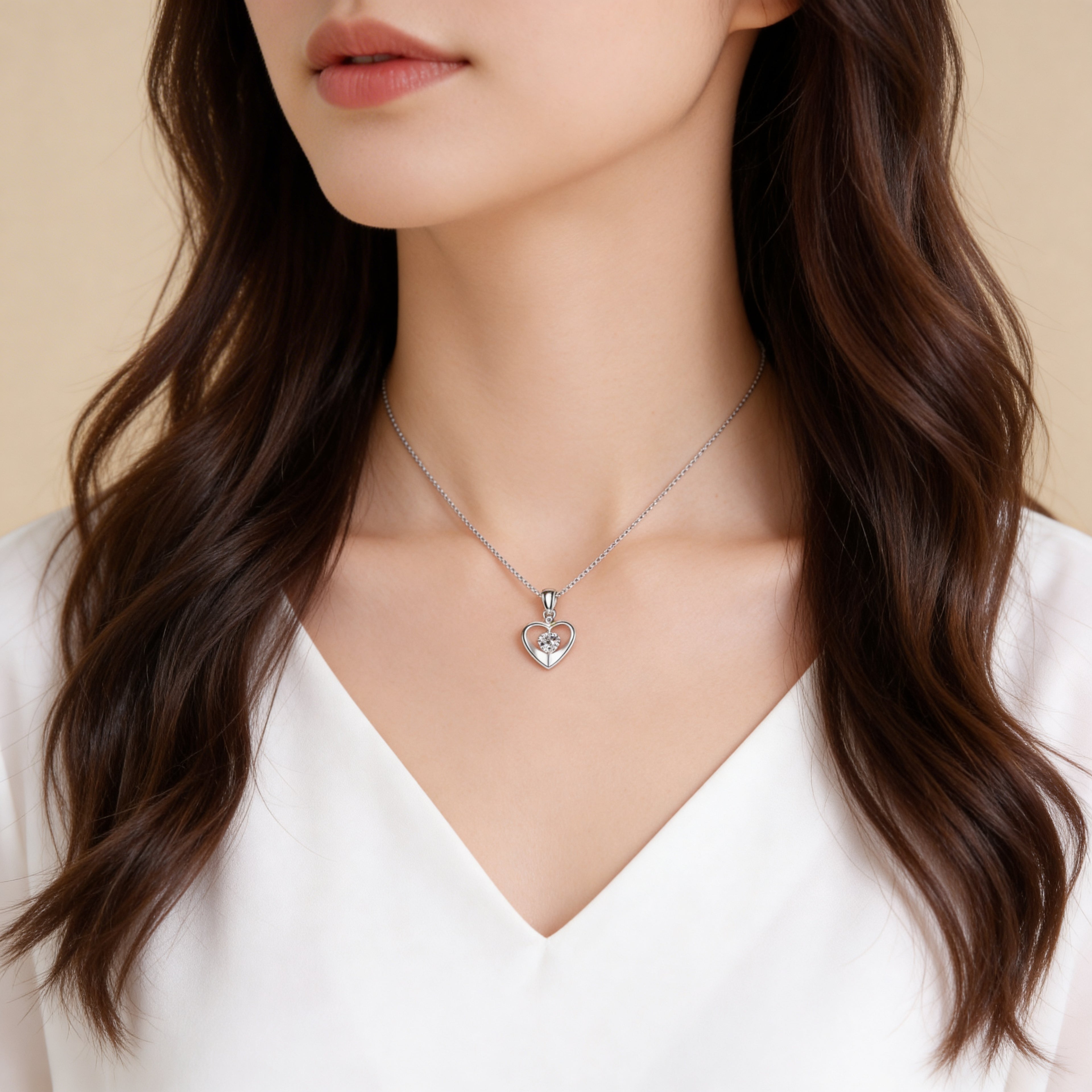 Silver CZ heart necklace worn by model.