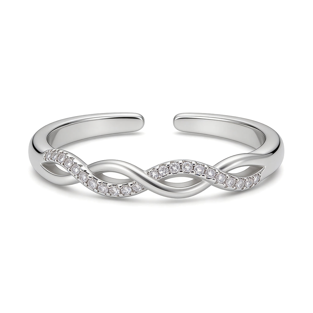 Silver plated adjustable infinity ring with cubic zirconia stones.