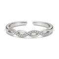 Silver plated adjustable infinity ring with cubic zirconia stones.