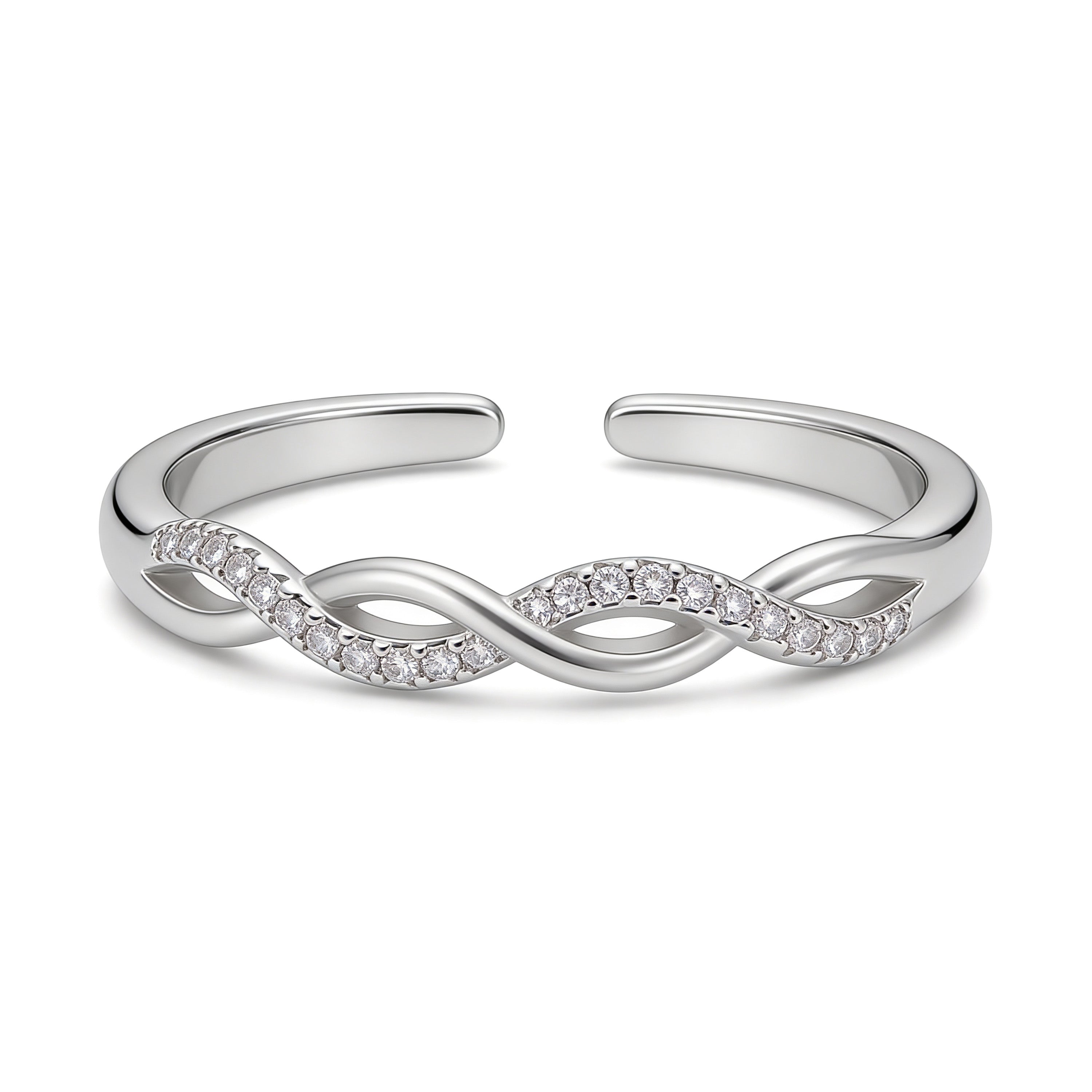 Silver plated adjustable infinity ring with cubic zirconia stones.