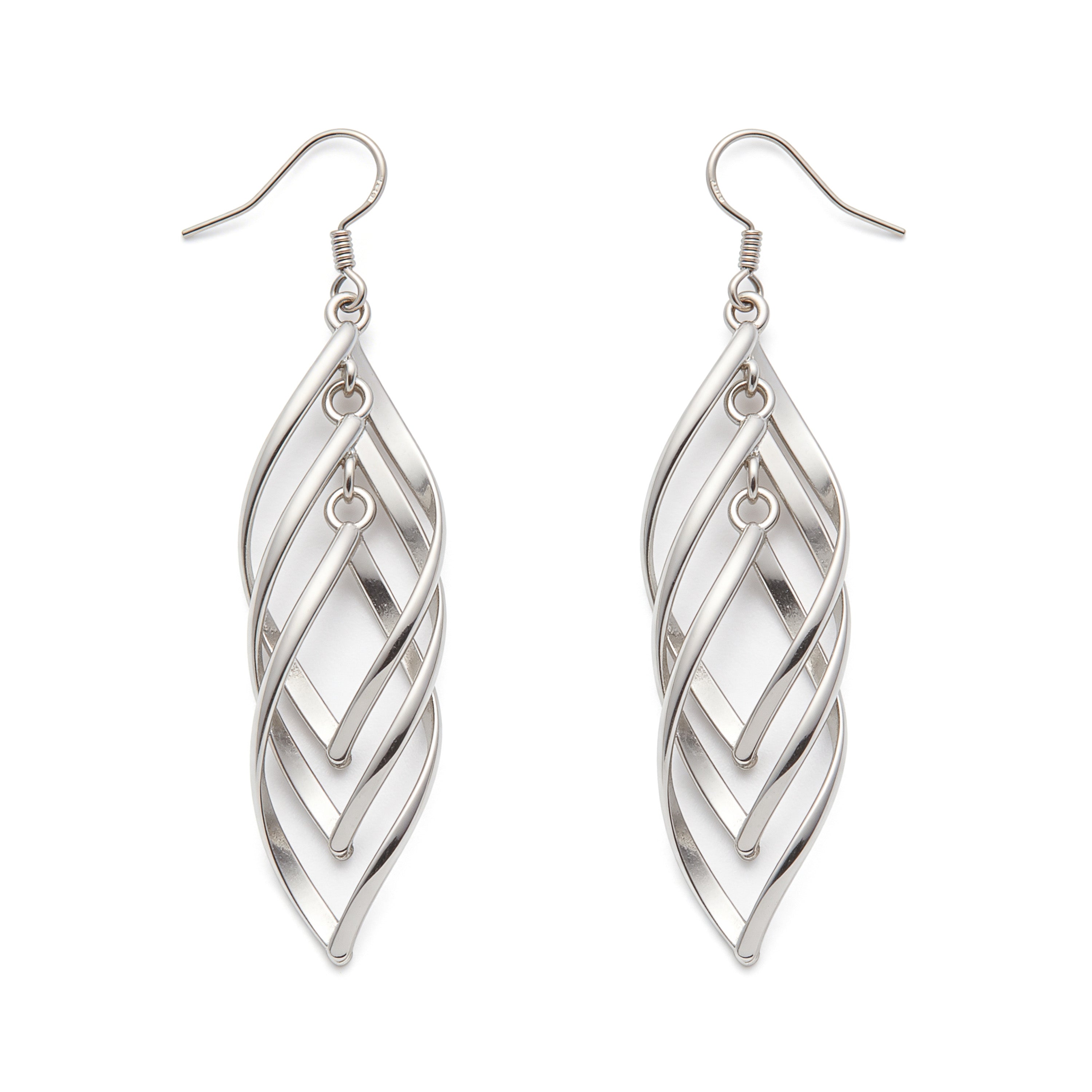 Silver plated cascading leaf dangle earrings, 65mm drop.