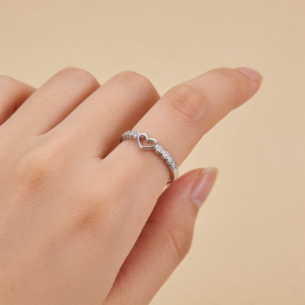 Adjustable silver heart ring with round CZ accent stones, minimalist promise ring for women, cute anniversary or Valentine’s gift.