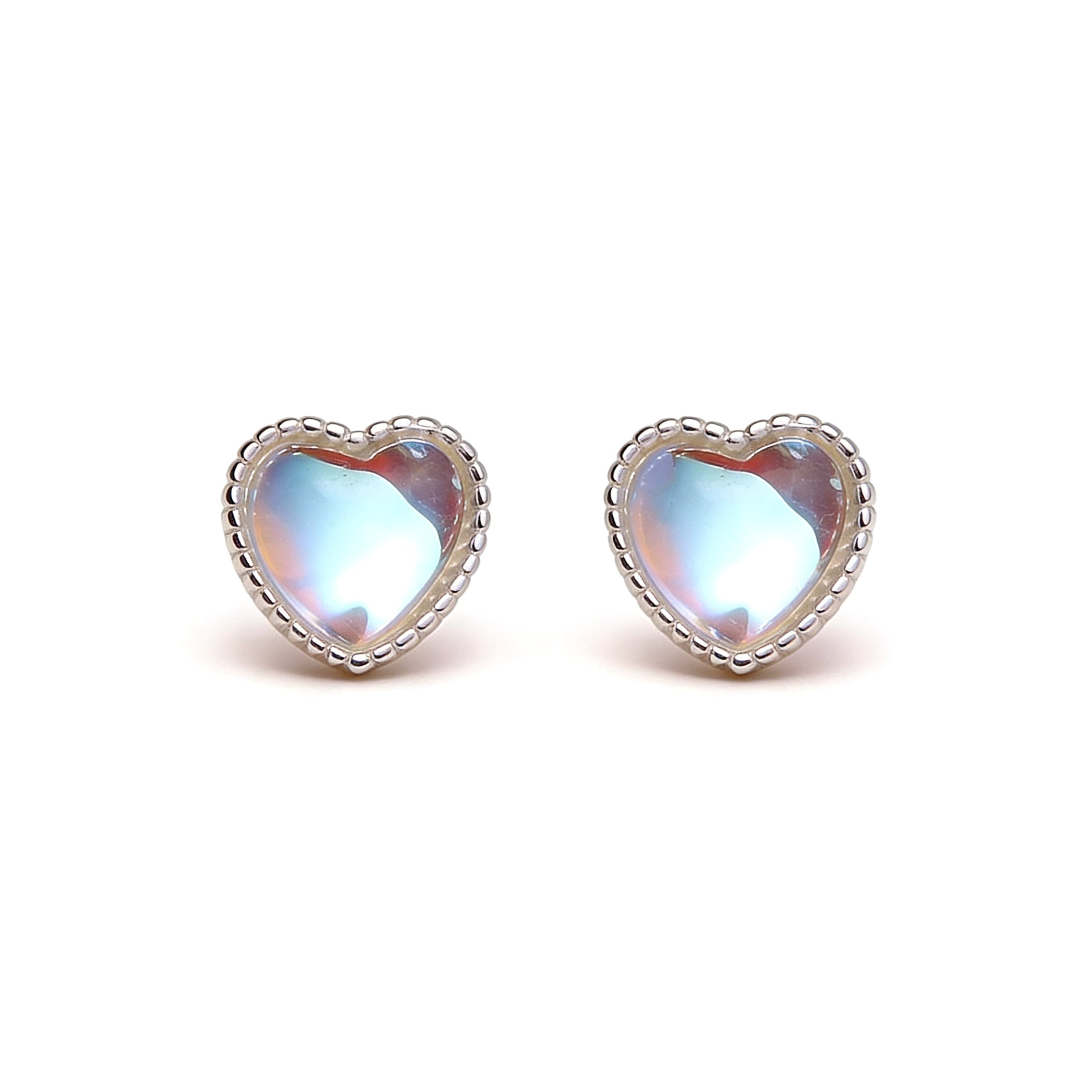 Silver plated opal heart stud earrings 10mm.