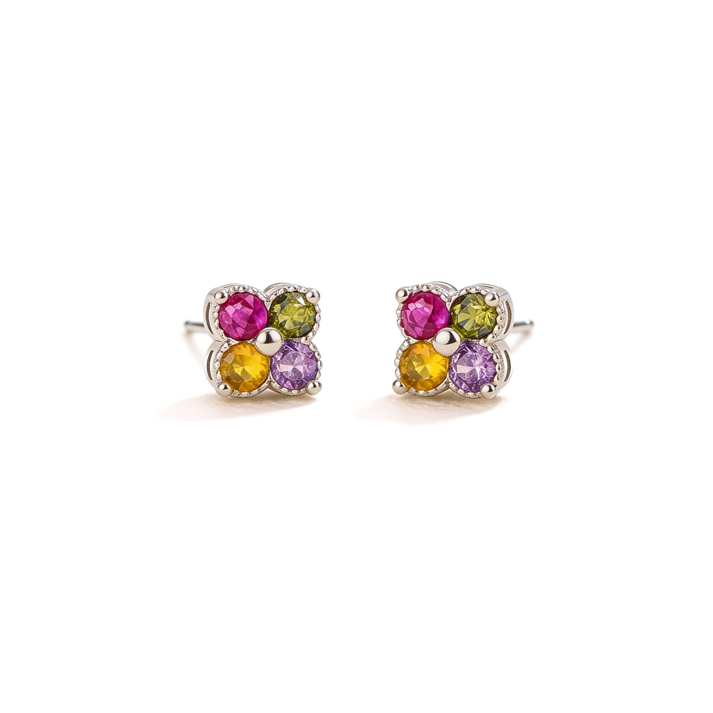 Silver plated rainbow crystal stud earrings 0.7cm multicolor design.