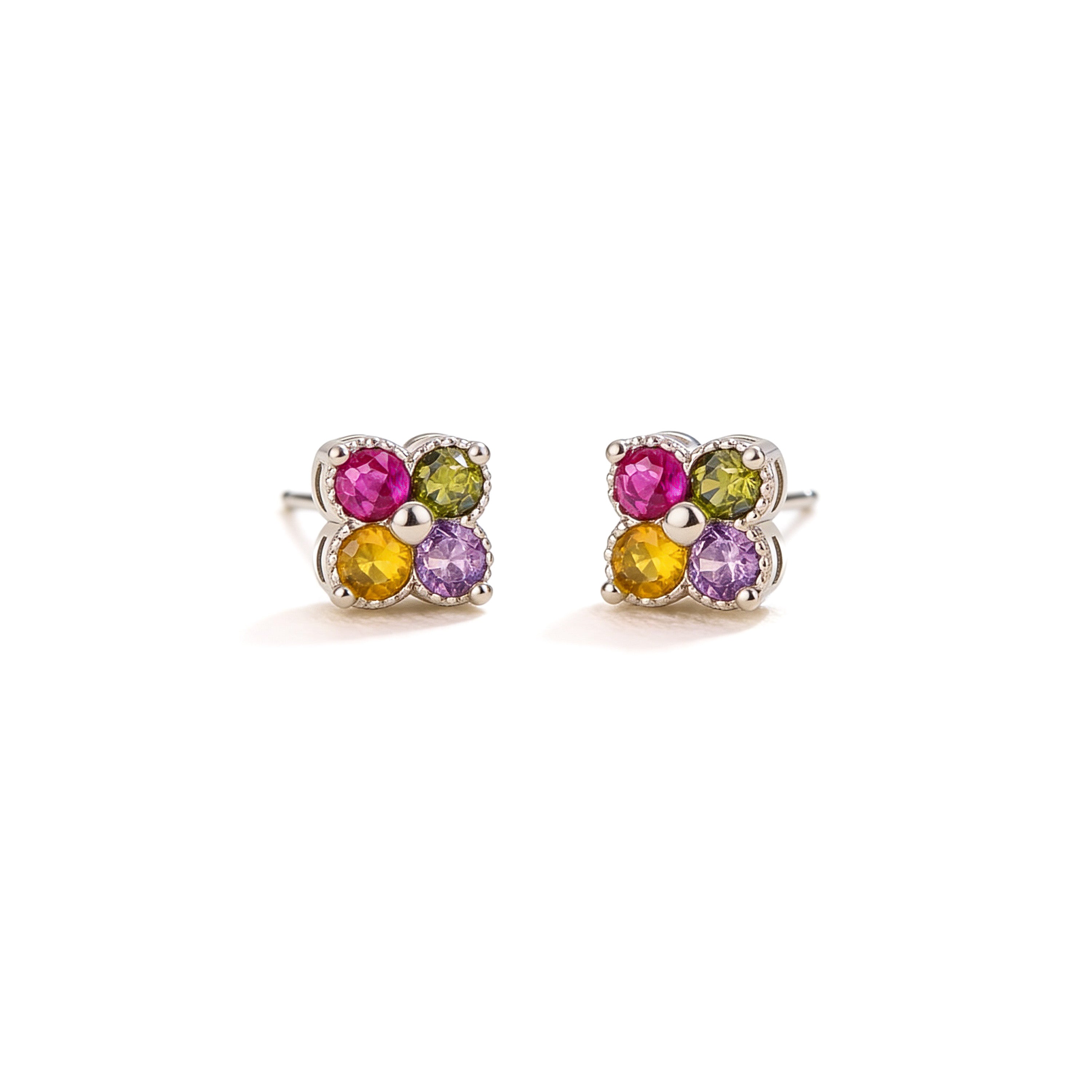 Silver plated rainbow crystal stud earrings 0.7cm multicolor design.