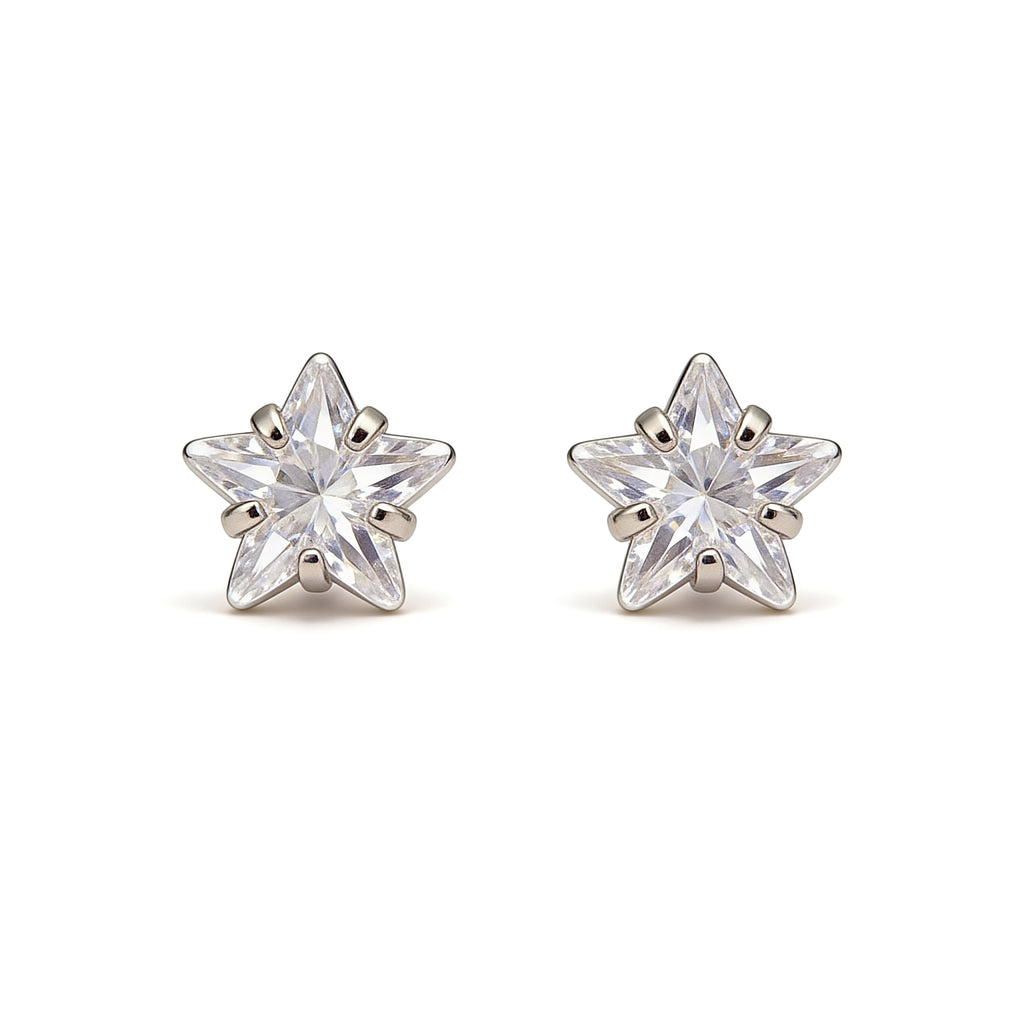 Star-shaped stud earrings with clear gemstones on a white background