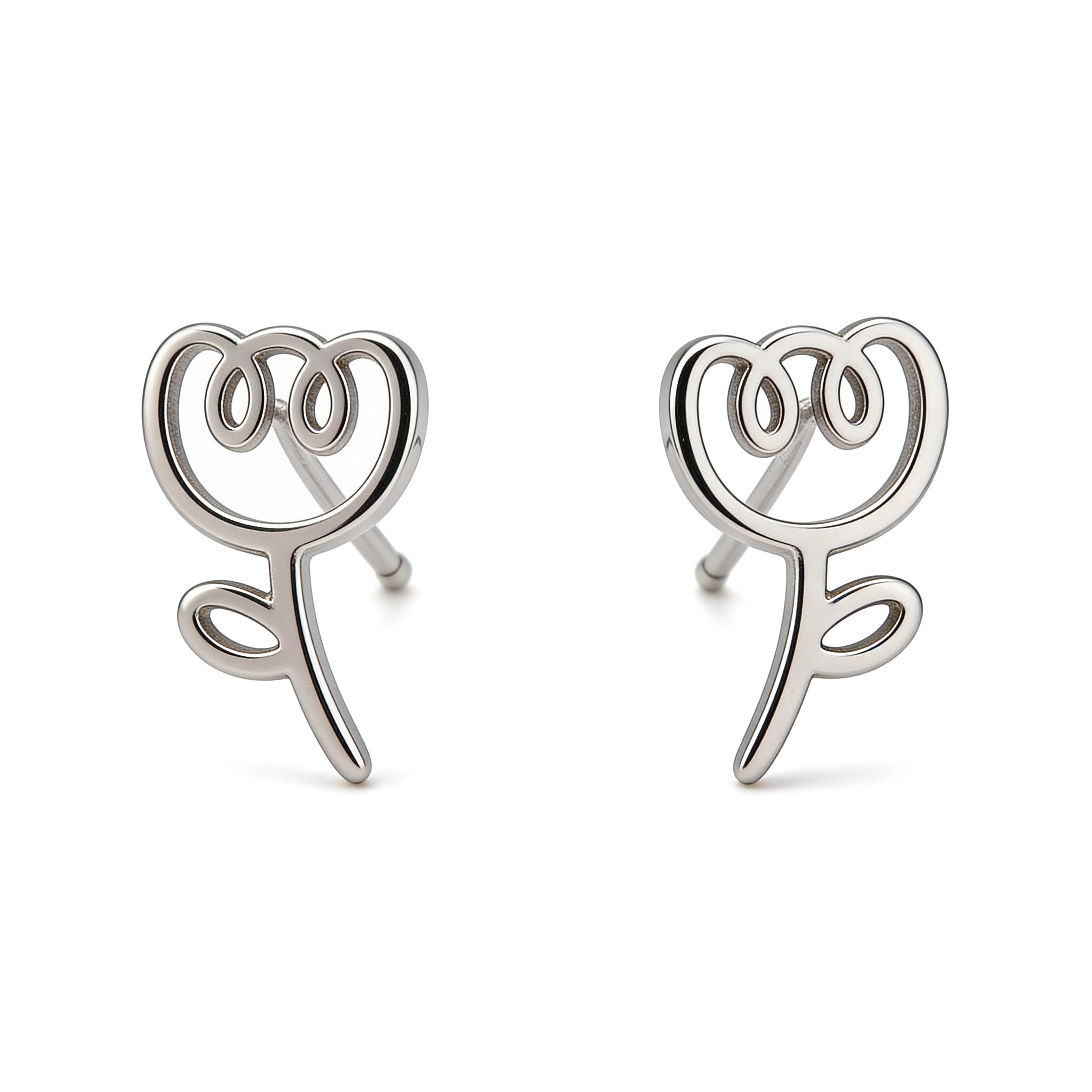 Silver plated 8mm tulip stud earrings with minimalist floral outline.