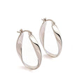 Pair of silver plated twisted hoop earrings with a polished sculpted design on a clean white background.