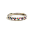 Silver plated adjustable rainbow heart ring with multicolor diamante stones.