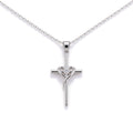 Silver plated ribbon cross pendant necklace with crystal detail.