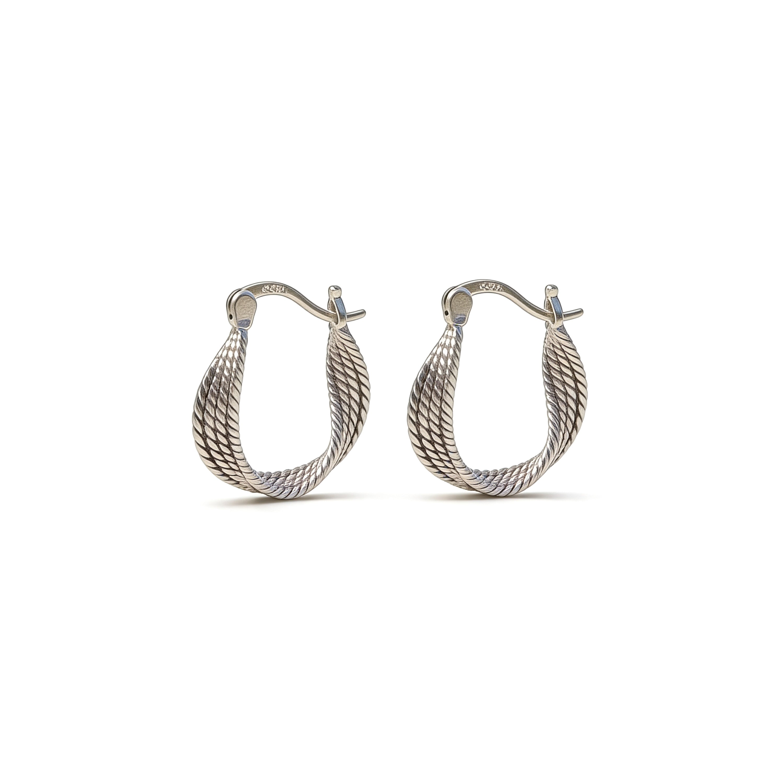 Silver plated rope twist hoop earrings textured design.