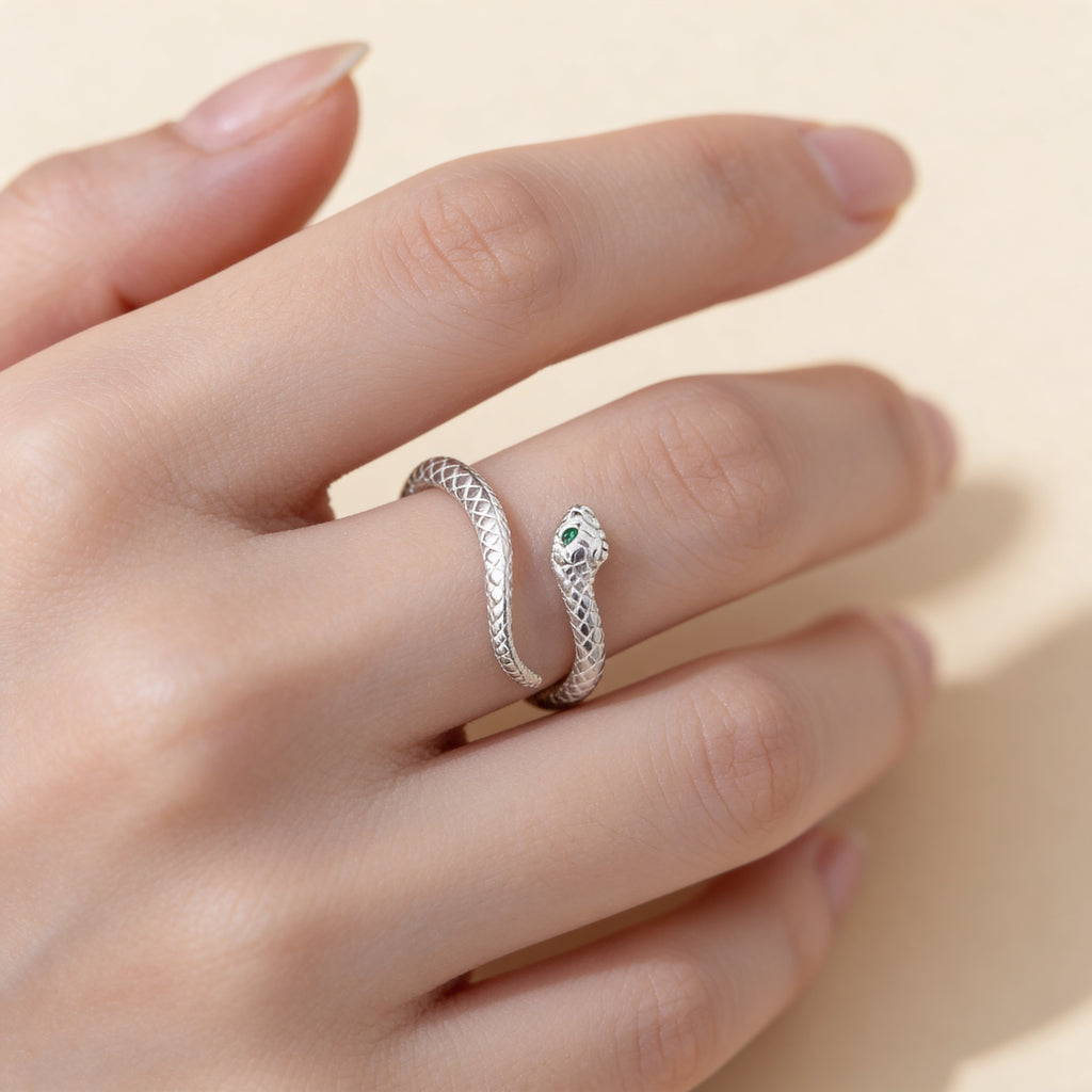 Detailed silver snake wrap ring adjustable band textured scales