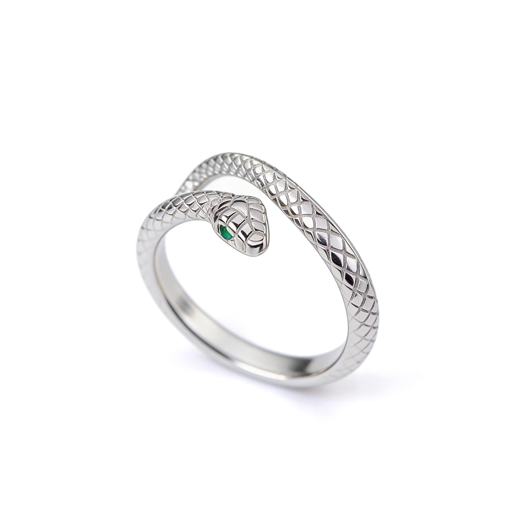 Silver snake ring with green stone eye adjustable minimalist jewellery
