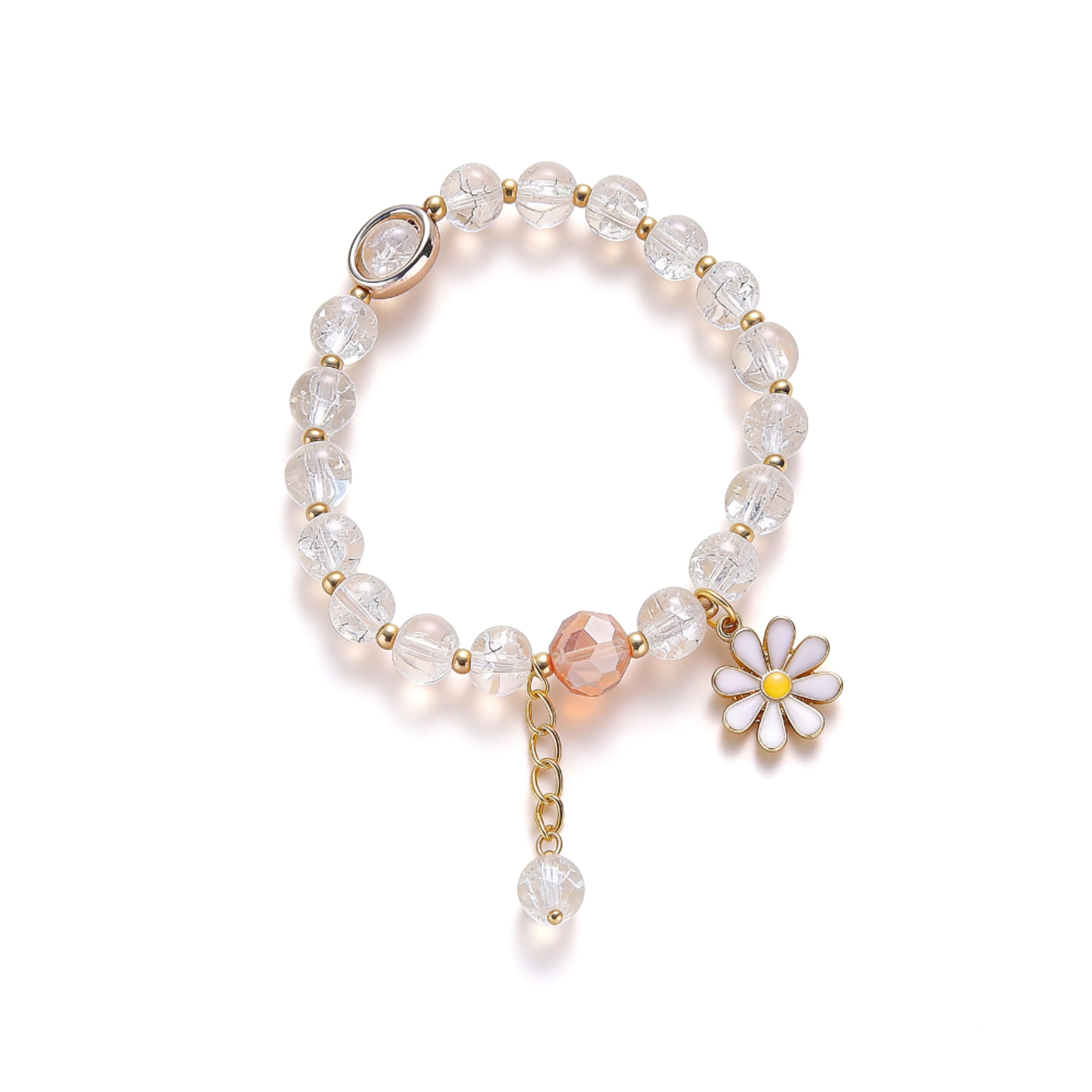 White beaded bracelet with daisy charm for children.